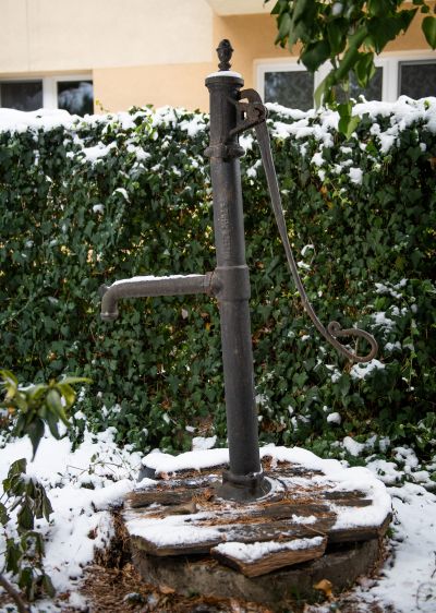 Pompa wyprodukowana w zakładzie przemysłowym Salomona Zweiga znajdująca się w ogrodzie prywatnej posesji przy ul. Targowej 7. Zwraca uwagę stylowe wzornictwo wyrobu charakteryzujące się płynną, secesyjną linią pochwytu.  Fot. Bogdan Szczupaj, Pola Antonina Słomińska, Galeria Fotografii Miasta Rzeszowa